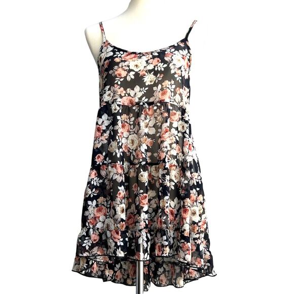 Poetry Size M Orange Black Floral Sheer Hi-Lo Trapeze Tunic Dress Y2K Fairycore - Picture 1 of 8